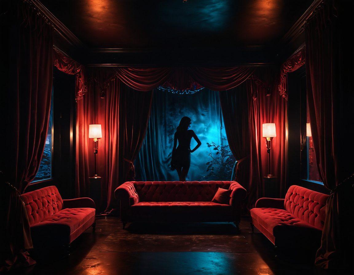 A shadowy, alluring landscape depicting a mysterious underground adult entertainment venue, featuring visually stunning elements like flickering neon lights and seductive silhouettes. Mysterious figures are seen in enticing poses, exploring themes of taboo and desire, with velvet drapes and plush seating creating an intimate atmosphere. The scene should evoke a sense of thrill and curiosity, capturing the essence of forbidden pleasures. surreal artistic style. vibrant colors. low lighting.